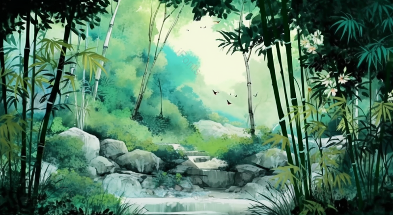 绿色竹林石头池塘插画背景,插画/手绘图,插画/手绘图库,插画/手绘图下载,插画/手绘